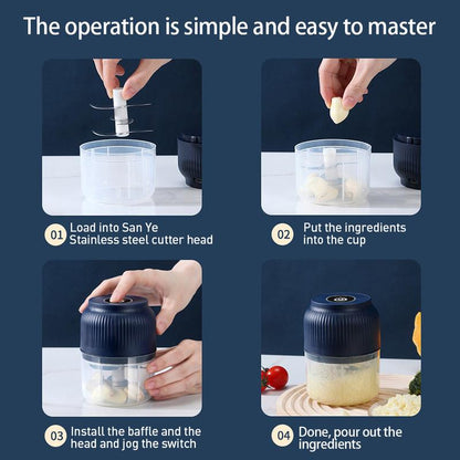 Electric Garlic Chopper, 4 Sharp Blades，Portable Veggie Chopper, 300ML Garlic Grinder Masher Onion Chopper, Blender to Vegetable, Cordless Food Processor for Ginger, Chili, Fruit, Meat, Spices, Beans, Etc