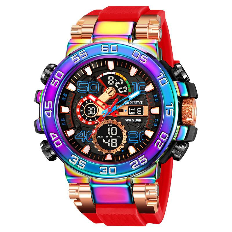 Men'S Colorful Punk Style Quartz Watch, Multi-Functional Waterproof Dual Display Wristwatch, Trendy Fashion Sport Watch, Birthday Gift with Gift Box Fashionable Wristwatch