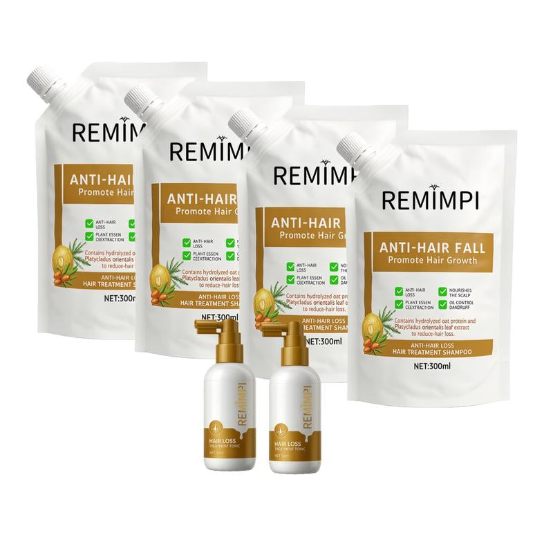 REMIMPI Intensive Repair Set – 4 Anti-Hair Fall Shampoos + 2 Hair Growth Tonics | Advanced Herbal Formula for Damaged Scalp & Thinning Hair | 300Ml + 50Ml