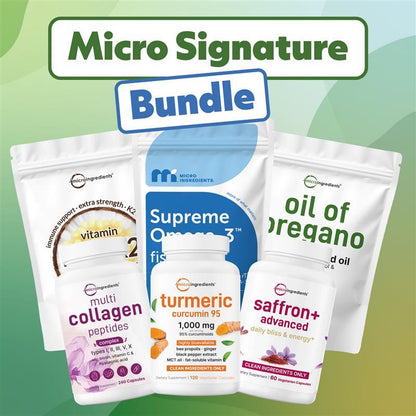 Micro Ingredients Signature Bundle: Oregano Oil 150 Softgels & Supreme Omega-3 Fish Oil 60 Softgels & Turmeric Curcumin 120 Vegetarian Capsules & Multi Collagen Complex 240 Capsules & Saffron+ Advanced 60 Vegetarian Capsules & Vitamin D3 K2 180 Softgels