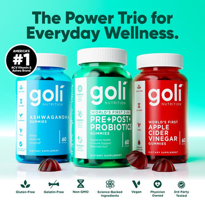 Power Wellness Trio for Stress, Gut & Immune - World'S First 3-In-1 Pre, Post, Probiotic, Apple Cider Vinegar & Vitamin B12, Ashwagandha & Vitamin D Gummies. Gluten-Free, Vegan, Non-Gmo & Gelatin-Free