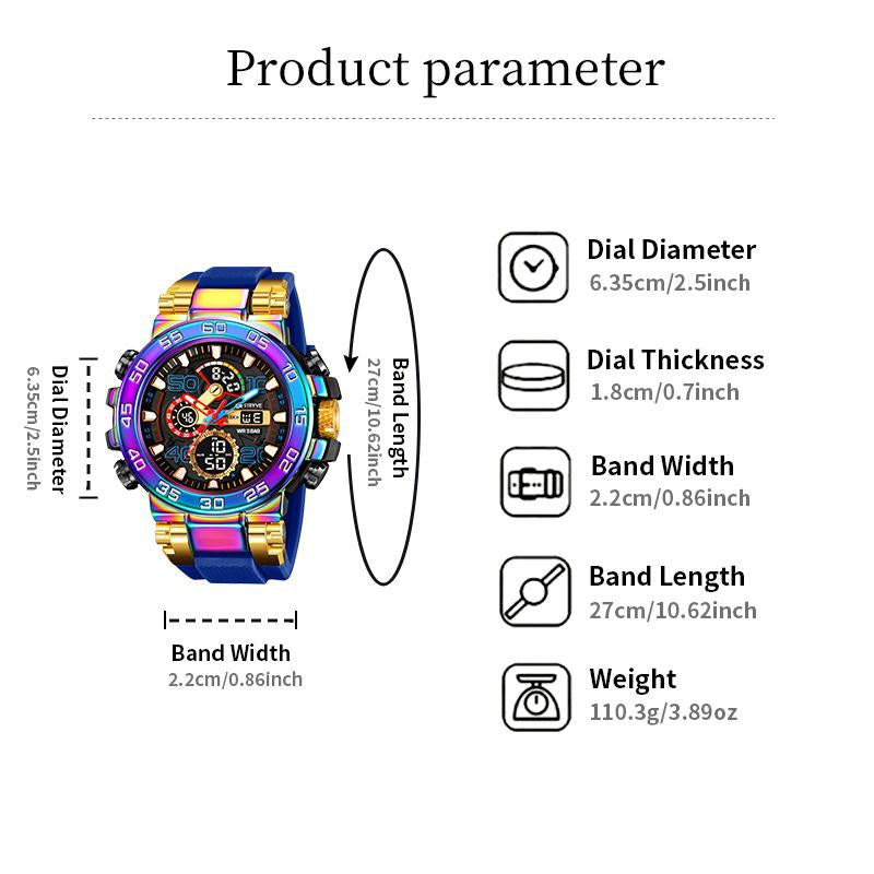 Men'S Colorful Punk Style Quartz Watch, Multi-Functional Waterproof Dual Display Wristwatch, Trendy Fashion Sport Watch, Birthday Gift with Gift Box Fashionable Wristwatch