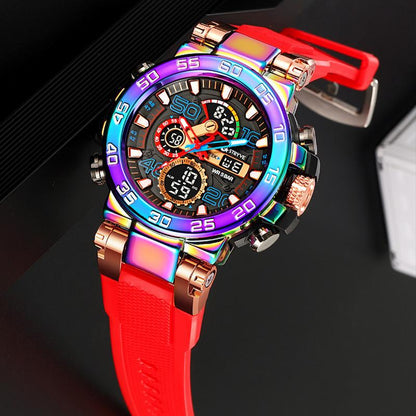 Men'S Colorful Punk Style Quartz Watch, Multi-Functional Waterproof Dual Display Wristwatch, Trendy Fashion Sport Watch, Birthday Gift with Gift Box Fashionable Wristwatch