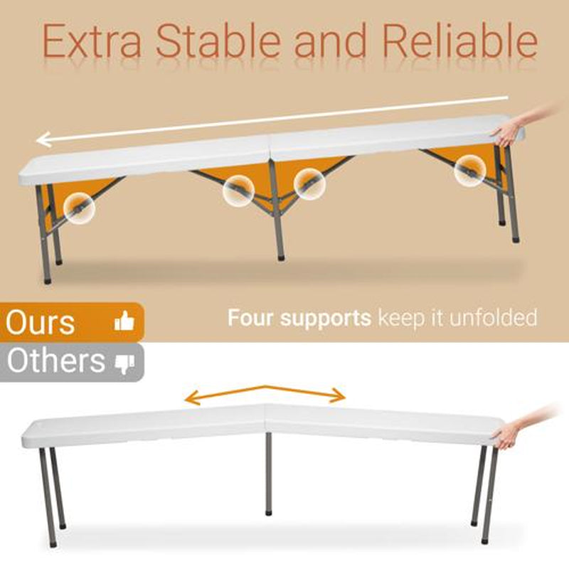 6 Feet Plastic Folding Bench,Portable In/Outdoor Picnic Party Camping Dining Seat, Garden Soccer Multipurpose Entertaining Activities, 1 Pack & 2 Pack
