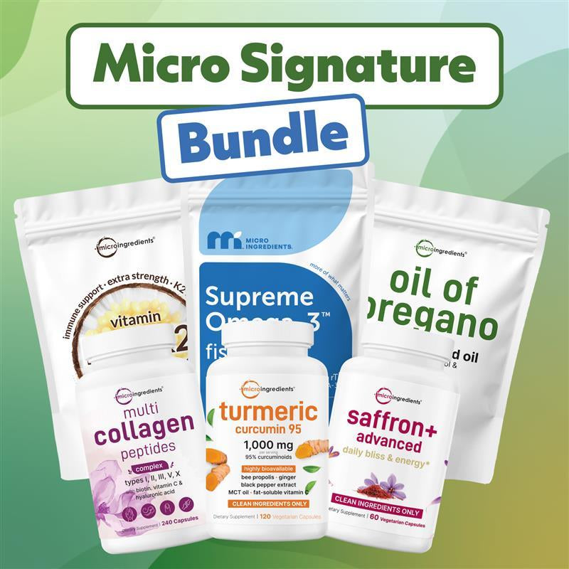 Micro Ingredients Signature Bundle: Oregano Oil 150 Softgels & Supreme Omega-3 Fish Oil 60 Softgels & Turmeric Curcumin 120 Vegetarian Capsules & Multi Collagen Complex 240 Capsules & Saffron+ Advanced 60 Vegetarian Capsules & Vitamin D3 K2 180 Softgels