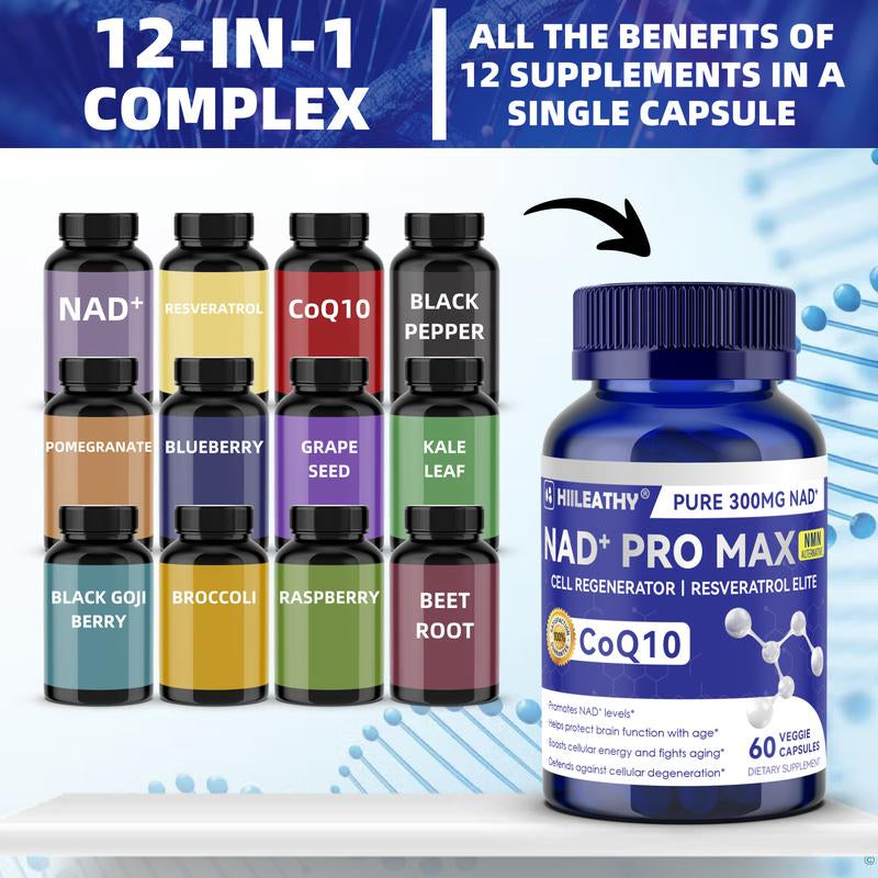 HIILEATHY NAD+ Pro Max - Pure 300Mg NAD+ Coq10 & Resveratrol Supplement with Black Pepper Extract for Energy Focus Heart Health Anti-Aging 60 Veggie Capsules Made in USA - Healthcare