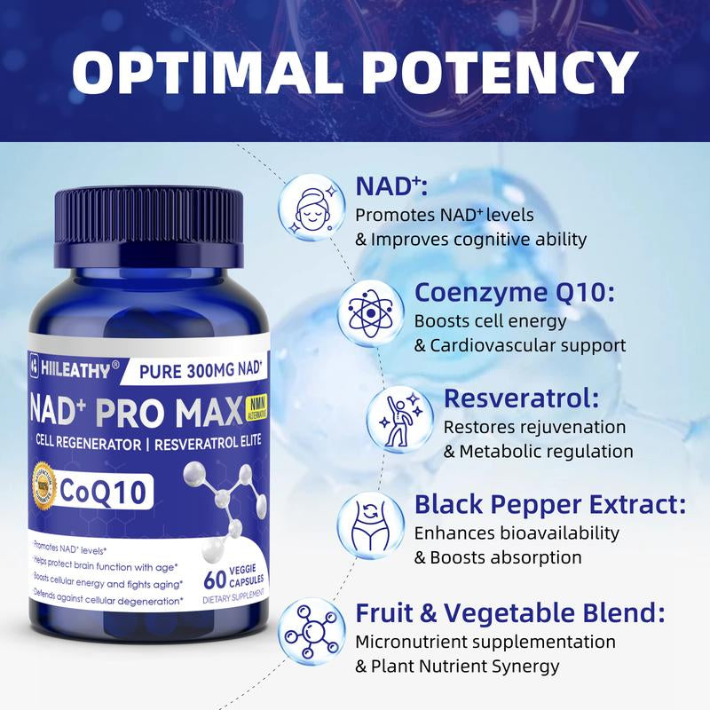 HIILEATHY NAD+ Pro Max - Pure 300Mg NAD+ Coq10 & Resveratrol Supplement with Black Pepper Extract for Energy Focus Heart Health Anti-Aging 60 Veggie Capsules Made in USA - Healthcare
