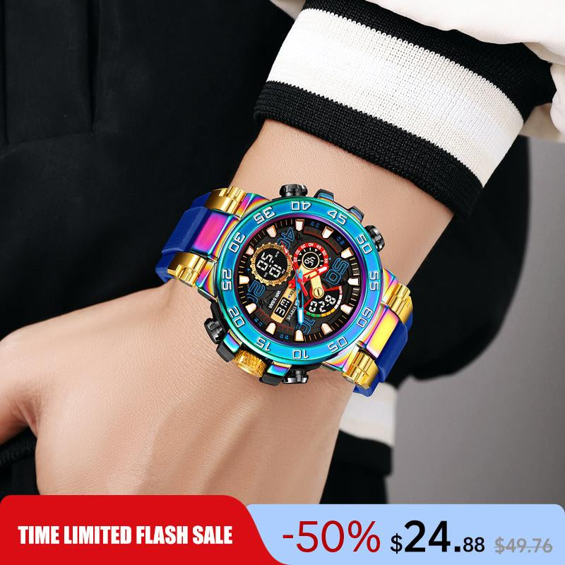 Men'S Colorful Punk Style Quartz Watch, Multi-Functional Waterproof Dual Display Wristwatch, Trendy Fashion Sport Watch, Birthday Gift with Gift Box Fashionable Wristwatch