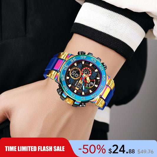 Men'S Colorful Punk Style Quartz Watch, Multi-Functional Waterproof Dual Display Wristwatch, Trendy Fashion Sport Watch, Birthday Gift with Gift Box Fashionable Wristwatch