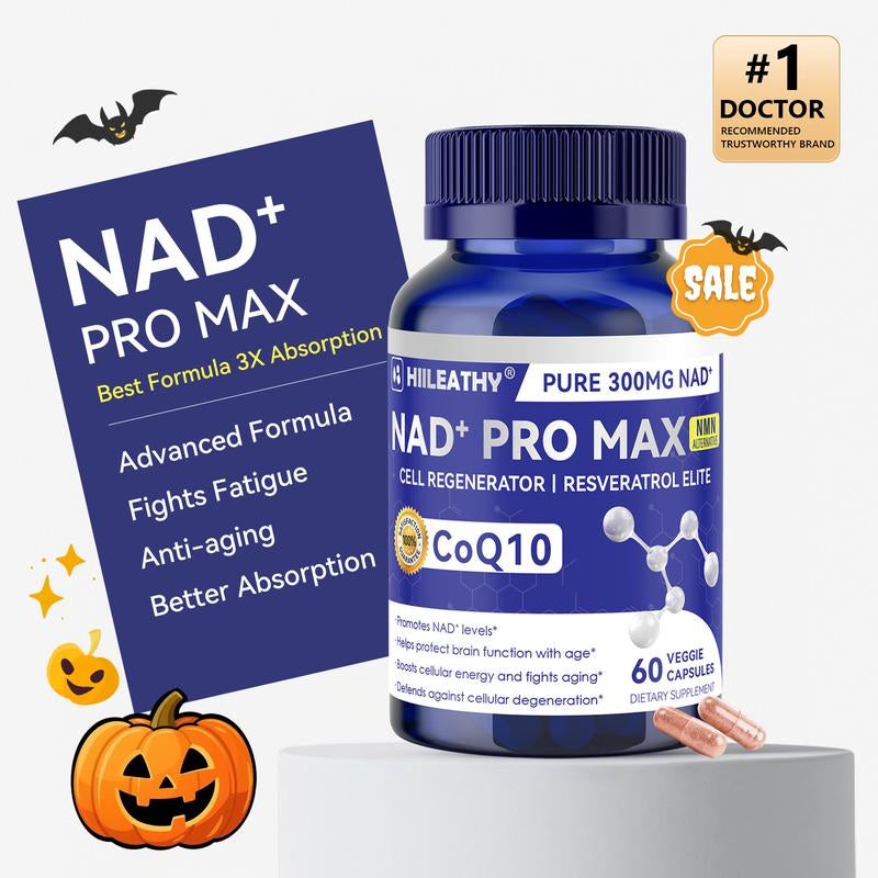 HIILEATHY NAD+ Pro Max - Pure 300Mg NAD+ Coq10 & Resveratrol Supplement with Black Pepper Extract for Energy Focus Heart Health Anti-Aging 60 Veggie Capsules Made in USA - Healthcare