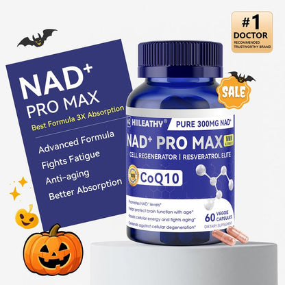 HIILEATHY NAD+ Pro Max - Pure 300Mg NAD+ Coq10 & Resveratrol Supplement with Black Pepper Extract for Energy Focus Heart Health Anti-Aging 60 Veggie Capsules Made in USA - Healthcare