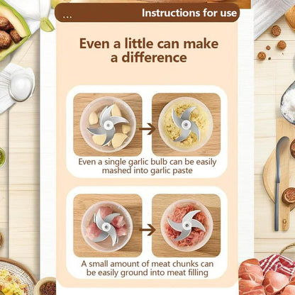 Electric Garlic Chopper, 4 Sharp Blades，Portable Veggie Chopper, 300ML Garlic Grinder Masher Onion Chopper, Blender to Vegetable, Cordless Food Processor for Ginger, Chili, Fruit, Meat, Spices, Beans, Etc