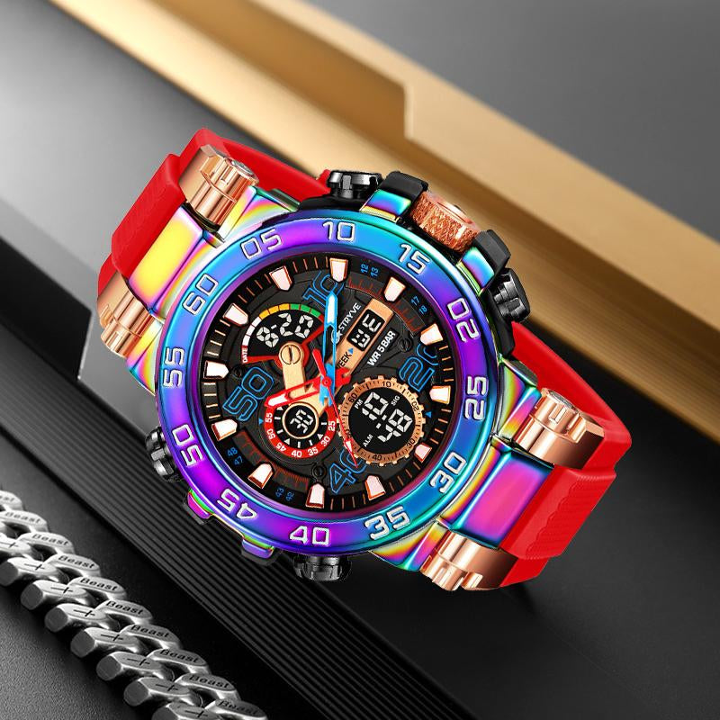 Men'S Colorful Punk Style Quartz Watch, Multi-Functional Waterproof Dual Display Wristwatch, Trendy Fashion Sport Watch, Birthday Gift with Gift Box Fashionable Wristwatch