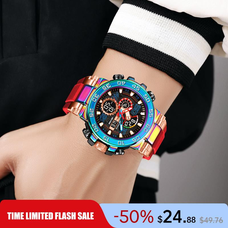 Men'S Colorful Punk Style Quartz Watch, Multi-Functional Waterproof Dual Display Wristwatch, Trendy Fashion Sport Watch, Birthday Gift with Gift Box Fashionable Wristwatch