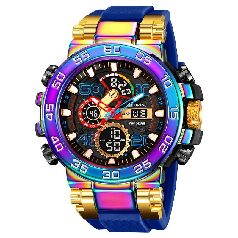 Men'S Colorful Punk Style Quartz Watch, Multi-Functional Waterproof Dual Display Wristwatch, Trendy Fashion Sport Watch, Birthday Gift with Gift Box Fashionable Wristwatch