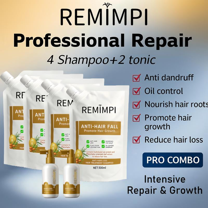 REMIMPI Intensive Repair Set – 4 Anti-Hair Fall Shampoos + 2 Hair Growth Tonics | Advanced Herbal Formula for Damaged Scalp & Thinning Hair | 300Ml + 50Ml