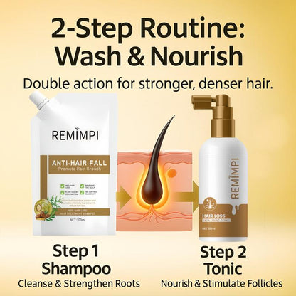REMIMPI Intensive Repair Set – 4 Anti-Hair Fall Shampoos + 2 Hair Growth Tonics | Advanced Herbal Formula for Damaged Scalp & Thinning Hair | 300Ml + 50Ml
