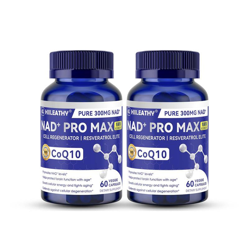 HIILEATHY NAD+ Pro Max - Pure 300Mg NAD+ Coq10 & Resveratrol Supplement with Black Pepper Extract for Energy Focus Heart Health Anti-Aging 60 Veggie Capsules Made in USA - Healthcare